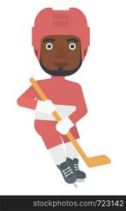 An african-american ice-hockey player skating vector flat design illustration isolated on white background.. Ice-hockey male player.