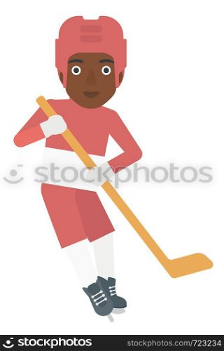 An african-american ice-hockey player skating vector flat design illustration isolated on white background.. Ice-hockey female player.