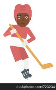 An african-american ice-hockey player skating vector flat design illustration isolated on white background.. Ice-hockey female player.