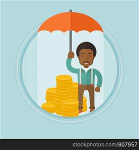 An african-american insurance agent holding an open umbrella over golden coins. Business insurance and business protection concept. Vector flat design illustration in the circle isolated on background. Businessman with umbrella protecting money.