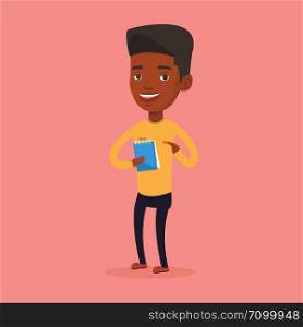 An african-american journalist writing notes on the notepad. Young journalist writing in notebook with pencil. Journalist writing notes with pencil. Vector flat design illustration. Square layout. Journalist writing in notebook with pencil.