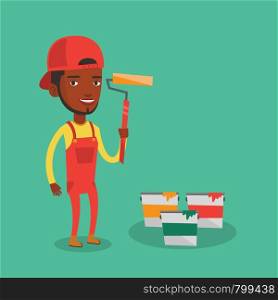 An african-american joyful painter in uniform holding a paint roller in hands. Young cheerful painter at work. Smiling painter standing near paint cans. Vector flat design illustration. Square layout.. Painter holding paint roller vector illustration.