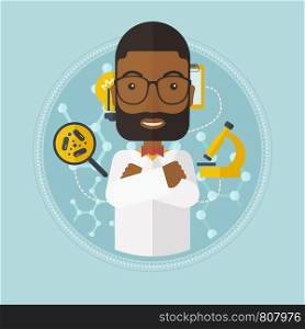 An african-american laboratory assistant with hands crossed. Confident laboratory assistant on background with molecular structure. Vector flat design illustration in the circle isolated on background. Male laboratory assistant vector illustration.