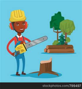 An african-american lumberjack holding chainsaw. Lumberjack in workwear, hard hat and headphones at the forest near stump. Lumberjack chopping wood. Vector flat design illustration. Square layout.. Lumberjack with chainsaw vector illustration.