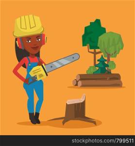 An african-american lumberjack holding chainsaw. Lumberjack in workwear, hard hat and headphones at the forest near stump. Lumberjack chopping wood. Vector flat design illustration. Square layout.. Lumberjack with chainsaw vector illustration.