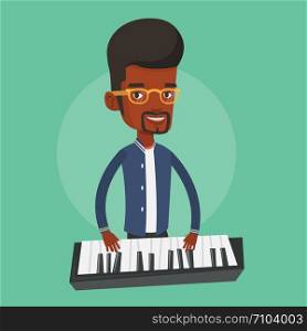 An african-american male pianist playing on synthesizer. Young smiling musician playing piano. Pianist playing upright piano. Vector flat design illustration. Square layout.. Man playing piano vector illustration.
