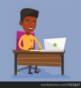 An african-american male student sitting at the table with laptop. Student using laptop for education. Student working on a laptop and writing notes. Vector flat design illustration. Square layout. Student using laptop for education.