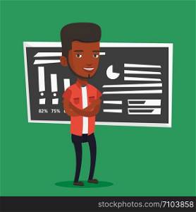 An african-american male teacher standing in classroom. Smiling male teacher standing in front of chalkboard. Young teacher standing with folded arms. Vector flat design illustration. Square layout.. Teacher or student standing in front of chalkboard