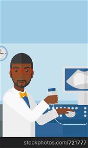 An african-american male ultrasound specialist with ultrasonic equipment on the background of medical office vector flat design illustration. Vertical layout.. Male ultrasound specialist.