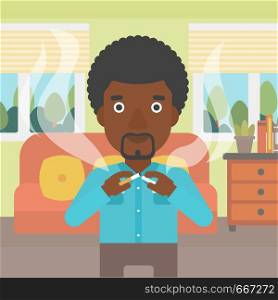 An african-american man breaking the cigarette on the background of living room vector flat design illustration. Square layout.. Man quit smoking.