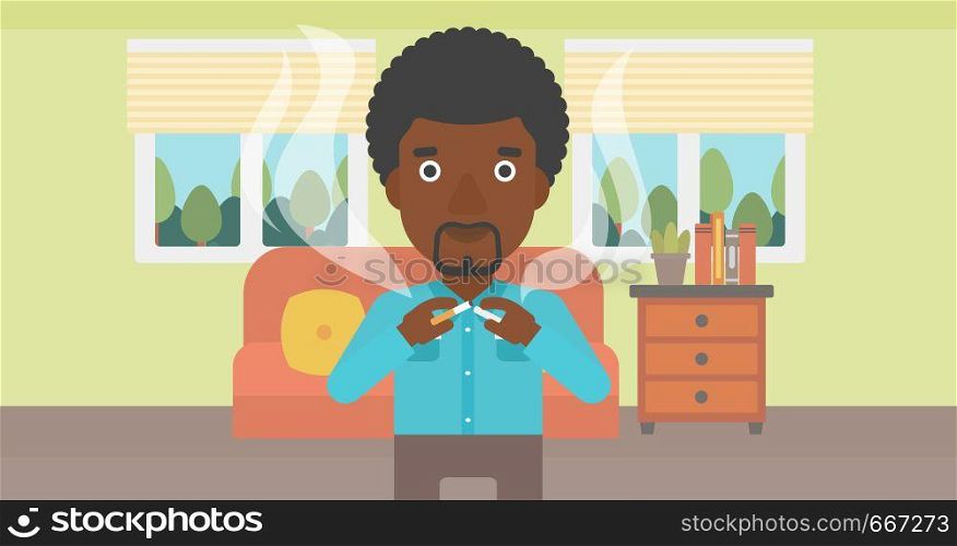 An african-american man breaking the cigarette on the background of living room vector flat design illustration. Horizontal layout.. Man quit smoking.