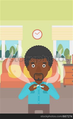 An african-american man breaking the cigarette on the background of living room vector flat design illustration. Vertical layout.. Man quit smoking.