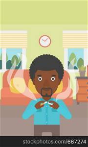 An african-american man breaking the cigarette on the background of living room vector flat design illustration. Vertical layout.. Man quit smoking.