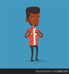 An african-american man breaking the cigarette. Young man crushing cigarette. Man holding broken cigarette. Quit smoking concept. Vector flat design illustration. Square layout.. Young man quitting smoking vector illustration.