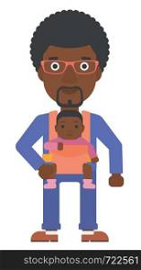 An african-american man carrying a baby in sling vector flat design illustration isolated on white background. . Man holding baby in sling.