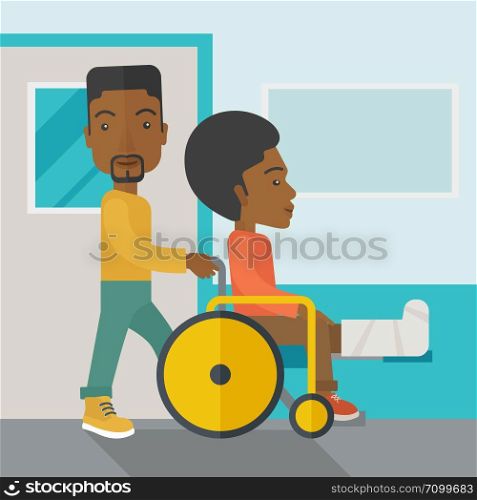 An african-american man carrying a patient with broken leg in the wheelchair vector flat design illustration. Square layout.. Patient in wheelchair.