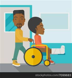 An african-american man carrying a patient with broken leg in the wheelchair vector flat design illustration. Square layout.. Patient in wheelchair.