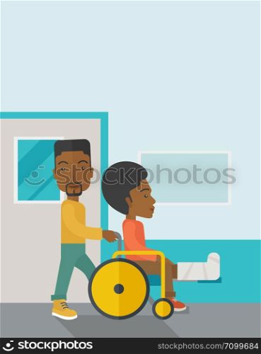 An african-american man carrying a patient with broken leg in the wheelchair vector flat design illustration. Vertical poster layout with a text space.. Patient in wheelchair.