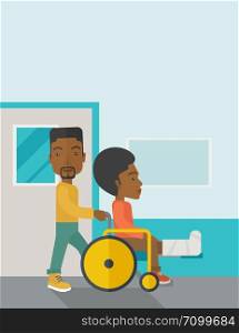 An african-american man carrying a patient with broken leg in the wheelchair vector flat design illustration. Vertical poster layout with a text space.. Patient in wheelchair.