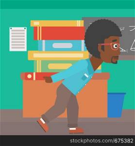 An african-american man carrying a pile of books on his back on the background of classroom vector flat design illustration. Square layout.. Man with pile of books.