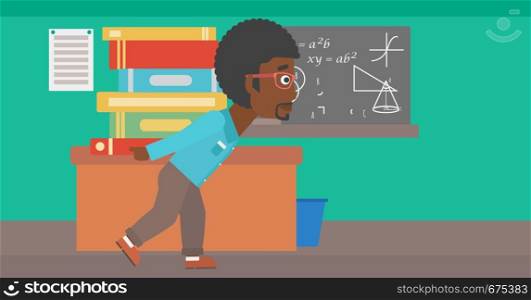 An african-american man carrying a pile of books on his back on the background of classroom vector flat design illustration. Horizontal layout.. Man with pile of books.