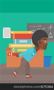 An african-american man carrying a pile of books on his back on the background of classroom vector flat design illustration. Vertical layout.. Man with pile of books.