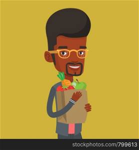 An african-american man carrying grocery shopping bag with vegetables. Man holding grocery shopping bag with healthy food. Man with grocery shopping bag. Vector flat design illustration. Square layout. Happy man holding grocery shopping bag.