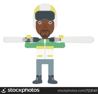 An african-american man carrying skis on her shoulders vector flat design illustration isolated on white background.. Man holding skis.