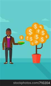 An african-american man catching dollar coin from money tree on the background of blue sky vector flat design illustration. Vertical layout.. Man catching dollar coins.