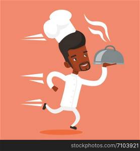 An african-american man chef cook in a cap and white uniform running. Young cheerful chef cook holding a cloche. Chef cook fast running with a cloche. Vector flat design illustration. Square layout.. Running chef cook vector illustration.