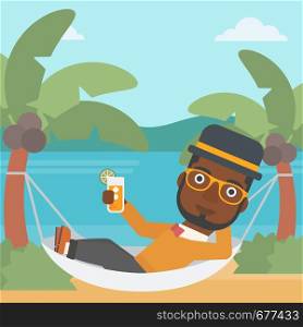 An african-american man chilling in hammock on the beach with a cocktail in a hand vector flat design illustration. Square layout.. Man chilling in hammock.