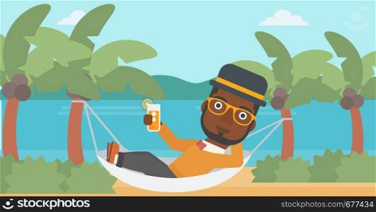 An african-american man chilling in hammock on the beach with a cocktail in a hand vector flat design illustration. Horizontal layout.. Man chilling in hammock.