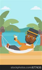 An african-american man chilling in hammock on the beach with a cocktail in a hand vector flat design illustration. Vertical layout.. Man chilling in hammock.