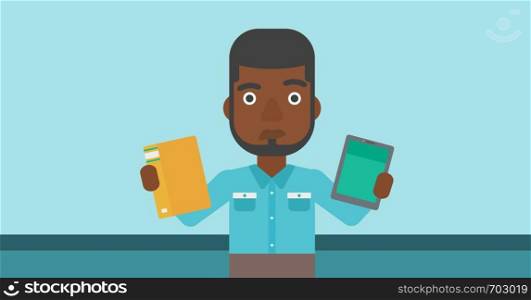 An african-american man choosing between a tablet computer and a paper book. Man holding book in one hand and tablet computer in the other. Vector flat design illustration. Horizontal layout.. Man choosing between book and tablet computer.