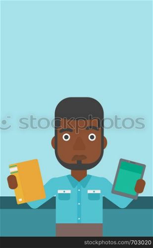 An african-american man choosing between a tablet computer and a paper book. Man holding book in one hand and tablet computer in the other. Vector flat design illustration. Vertical layout.. Man choosing between book and tablet computer.