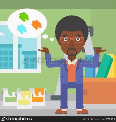 An african-american man choosing color for a room on a background of room with step-ladder, paint cans and box with wallpapers vector flat design illustration. Square layout.. Man choosing paint color.