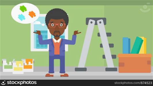 An african-american man choosing color for a room on a background of room with step-ladder, paint cans and box with wallpapers vector flat design illustration. Horizontal layout.. Man choosing paint color.