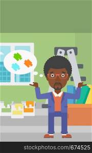 An african-american man choosing color for a room on a background of room with step-ladder, paint cans and box with wallpapers vector flat design illustration. Vertical layout.. Man choosing paint color.