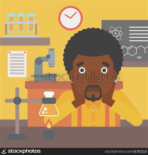 An african-american man clutching his head on the background of chemistry class vector flat design illustration. Square layout.. Man in despair clutching his head.