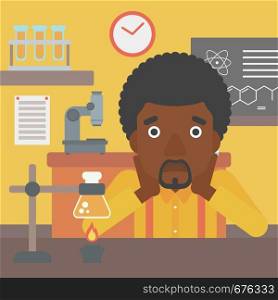 An african-american man clutching his head on the background of chemistry class vector flat design illustration. Square layout.. Man in despair clutching his head.