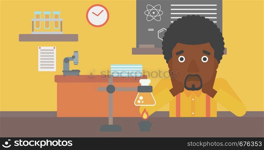 An african-american man clutching his head on the background of chemistry class vector flat design illustration. Horizontal layout.. Man in despair clutching his head.