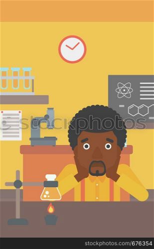 An african-american man clutching his head on the background of chemistry class vector flat design illustration. Vertical layout.. Man in despair clutching his head.