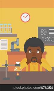 An african-american man clutching his head on the background of chemistry class vector flat design illustration. Vertical layout.. Man in despair clutching his head.