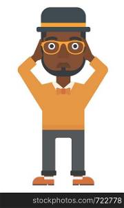 An african-american man clutching his head vector flat design illustration isolated on white background. Vertical layout.. Man clutching his head in desperate.