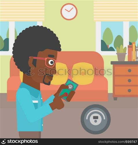 An african-american man controlling robotic vacuum cleaner with his smartphone in the living room. Vector flat design illustration. Square layout.. Man controlling vacuum cleaner with smartphone.