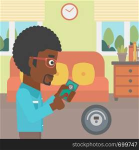 An african-american man controlling robotic vacuum cleaner with his smartphone in the living room. Vector flat design illustration. Square layout.. Man controlling vacuum cleaner with smartphone.