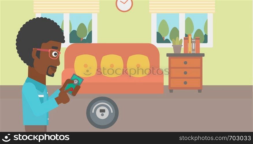 An african-american man controlling robotic vacuum cleaner with his smartphone in the living room. Vector flat design illustration. Horizontal layout.. Man controlling vacuum cleaner with smartphone.