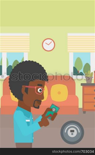 An african-american man controlling robotic vacuum cleaner with his smartphone in the living room. Vector flat design illustration. Vertical layout.. Man controlling vacuum cleaner with smartphone.