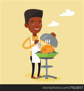 An african-american man cooking chicken on barbecue grill outdoors. Young smiling man having a barbecue party. Man preparing chicken on barbecue grill. Vector flat design illustration. Square layout.. Man cooking chicken on barbecue grill.