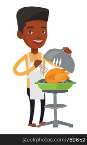 An african-american man cooking chicken on barbecue grill outdoors. Man having a barbecue party. Man preparing chicken on barbecue grill. Vector flat design illustration isolated on white background.. Man cooking chicken on barbecue grill.